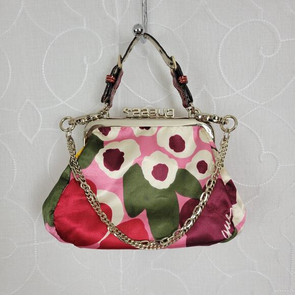 Guess Satin Handbag Small Purple Pink Floral Spell Out Alligator Leopard Chain - Picture 4 of 10